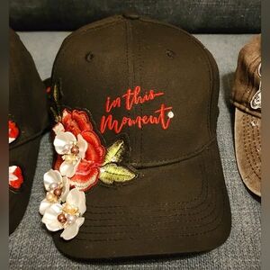 Black Baseball Cap with Red Floral Embroidery, OOAK Handmade